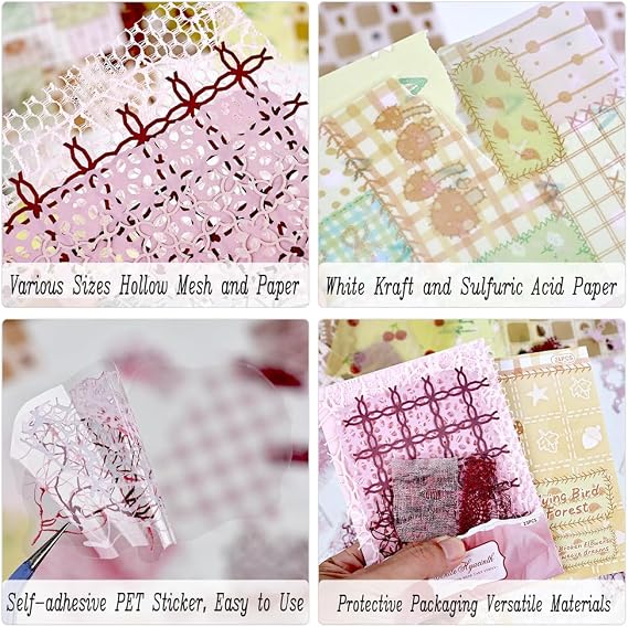 Diuhofart Pink Scrapbook Paper Set, 47 Pieces Textured Decorative Paper with Mesh and PET Sticker Accents for Junk Journal Supplies, Vintage Collage, Scrapbooking, Card Making