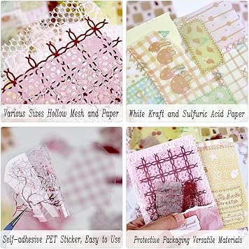 Diuhofart Pink Scrapbook Paper Set, 47 Pieces Textured Decorative Paper with Mesh and PET Sticker Accents for Junk Journal Supplies, Vintage Collage, Scrapbooking, Card Making