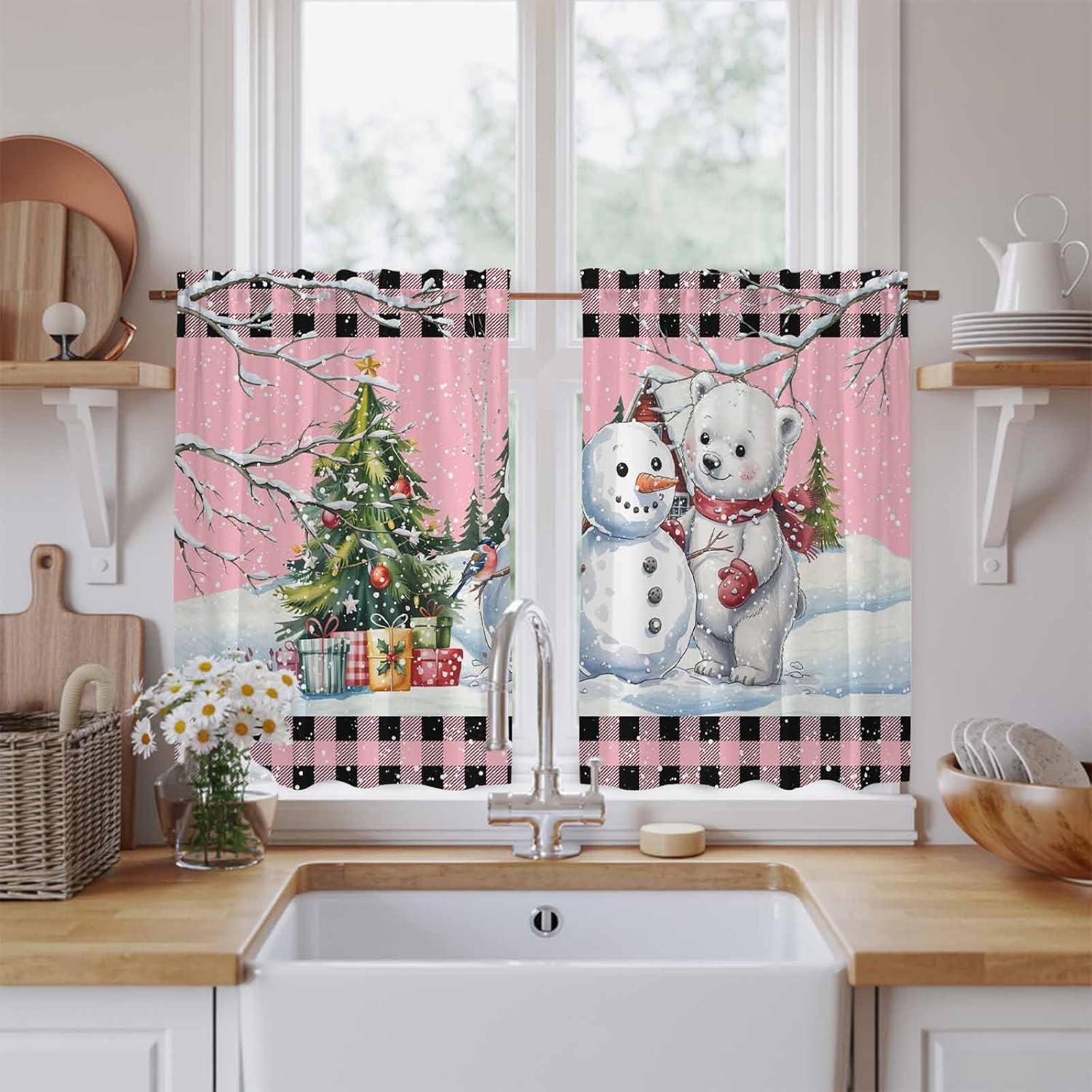 Pink Christmas Kitchen Tier Curtains 45 Inch Long 2 Panel Set,Rod Pocket Short Window Treatment,Xmas Tree Snowman Bear Snowfall Plaid Curtains & Drapes for Bathroom Basement 27.5"W x 45"L