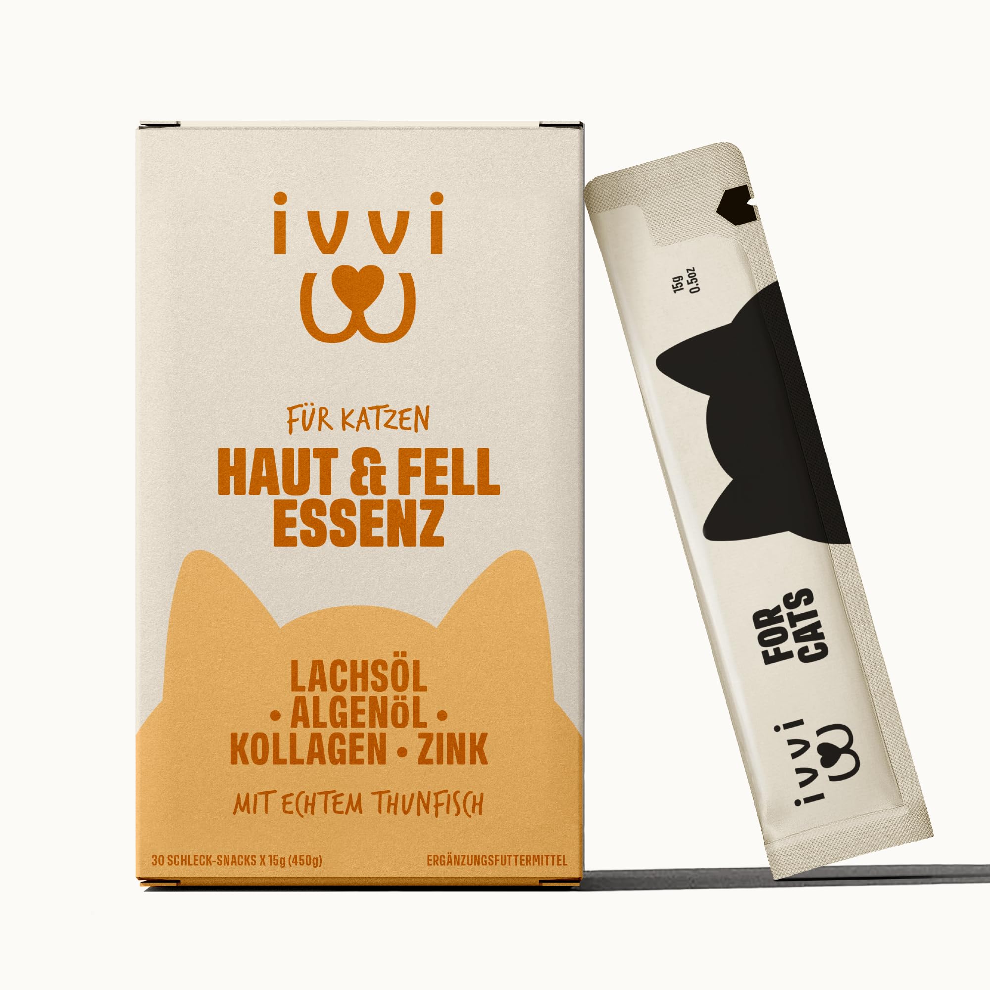 ivvi Haut & Fell Essenz für Katzen – Schlecksnack mit Lachsöl, Algenöl, Zink & Kollagen – unterstützt Haut & Fell – 30x15g – mit echtem Thunfisch