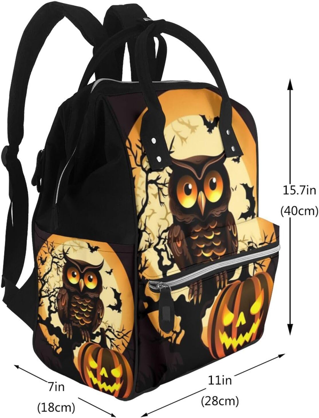Black Tree Owl Pumpkin Head Diaper Bag Backpack for Women Multifunction Waterproof Mummy Backpacks for Mom Dad, Large Capacity Nappy Bag with Changing Pad Casual Daypack Travel Bags