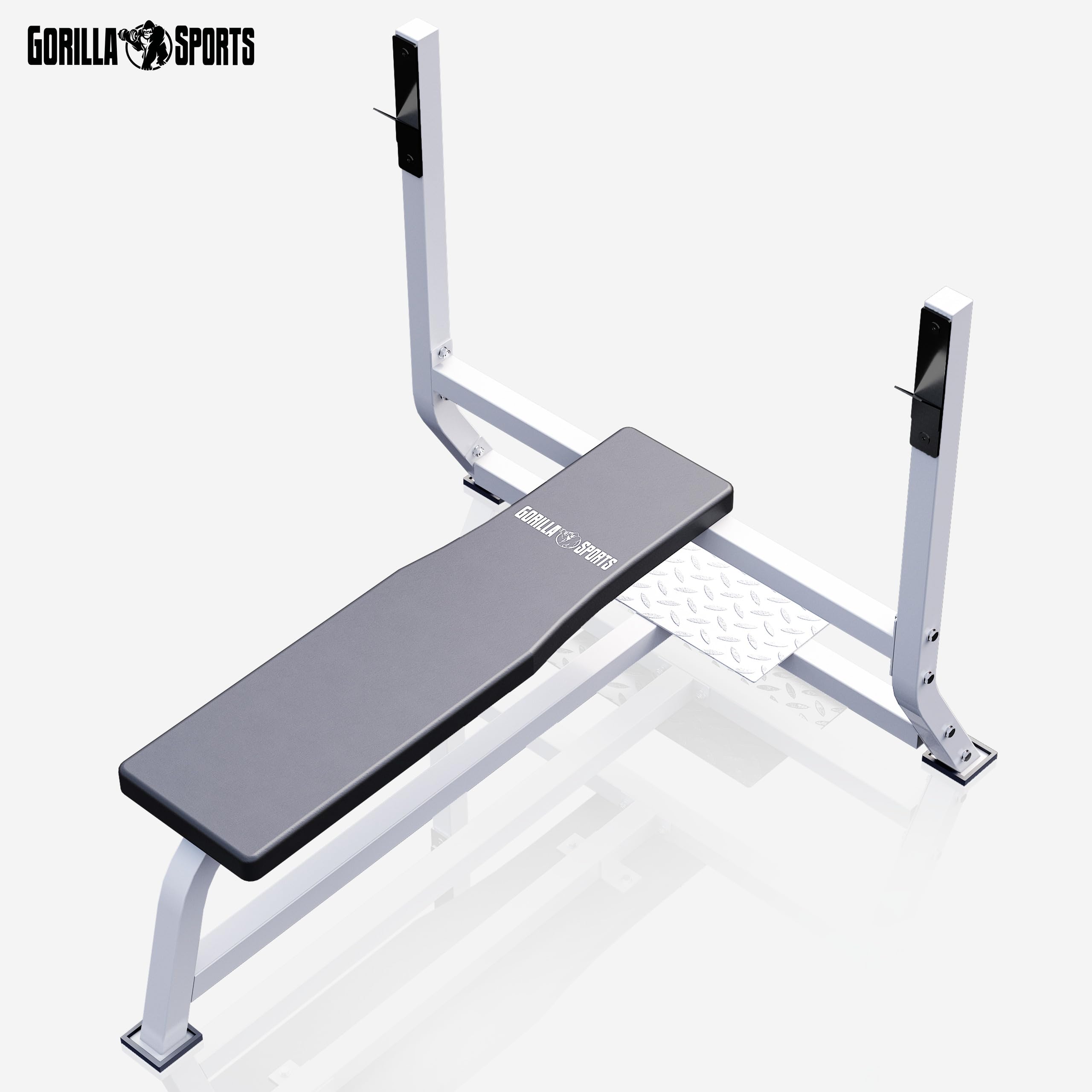 GORILLA SPORTS® Panca Pesi con Portabilanciere - Carico 250 kg, per Bilancieri da Più di 110 cm, Piedini Gommati, con Pedana, Bianco - Panca Piana Ampia, Rack, Palestra, Multifunzione, Fitness
