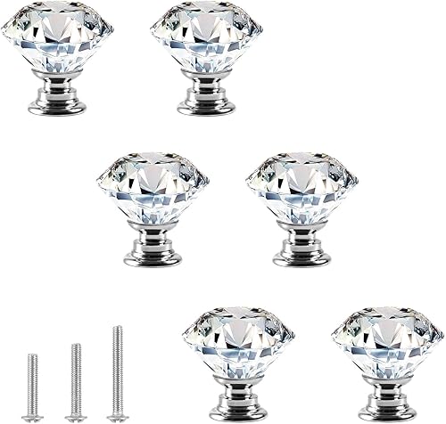 6 pomos de cristal de 1.18 pulgadas (1.181 in) con forma de diamante para armario, armario, aparador en baño, cocina, oficina, etc.