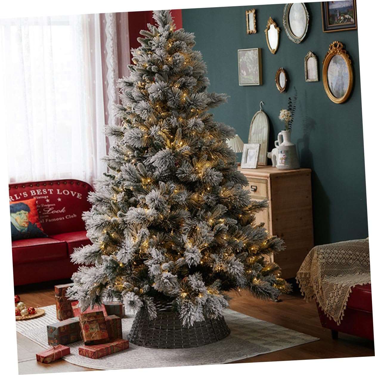 HOMSFOU Gonna per Albero di Natale in Stile Fattoria, Supporto Decorativo Collare Natalizio Grigio, Anello Finto per Alberi Artificiali, Decorazione Versatile per Interni ed Esterni,