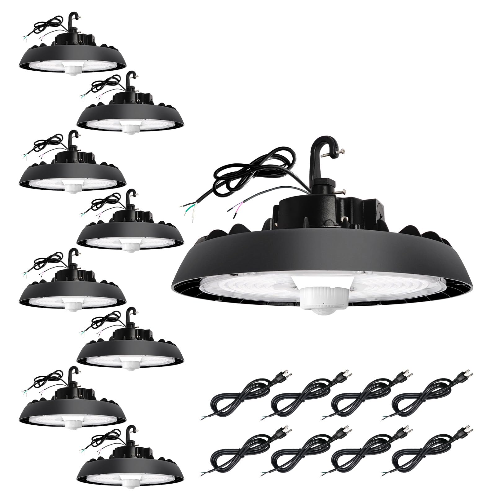 8 Pack UFO LED High Bay Light With Motion Sensor 150 200 240W 21000 28000 33600lm 2CCT 4000K