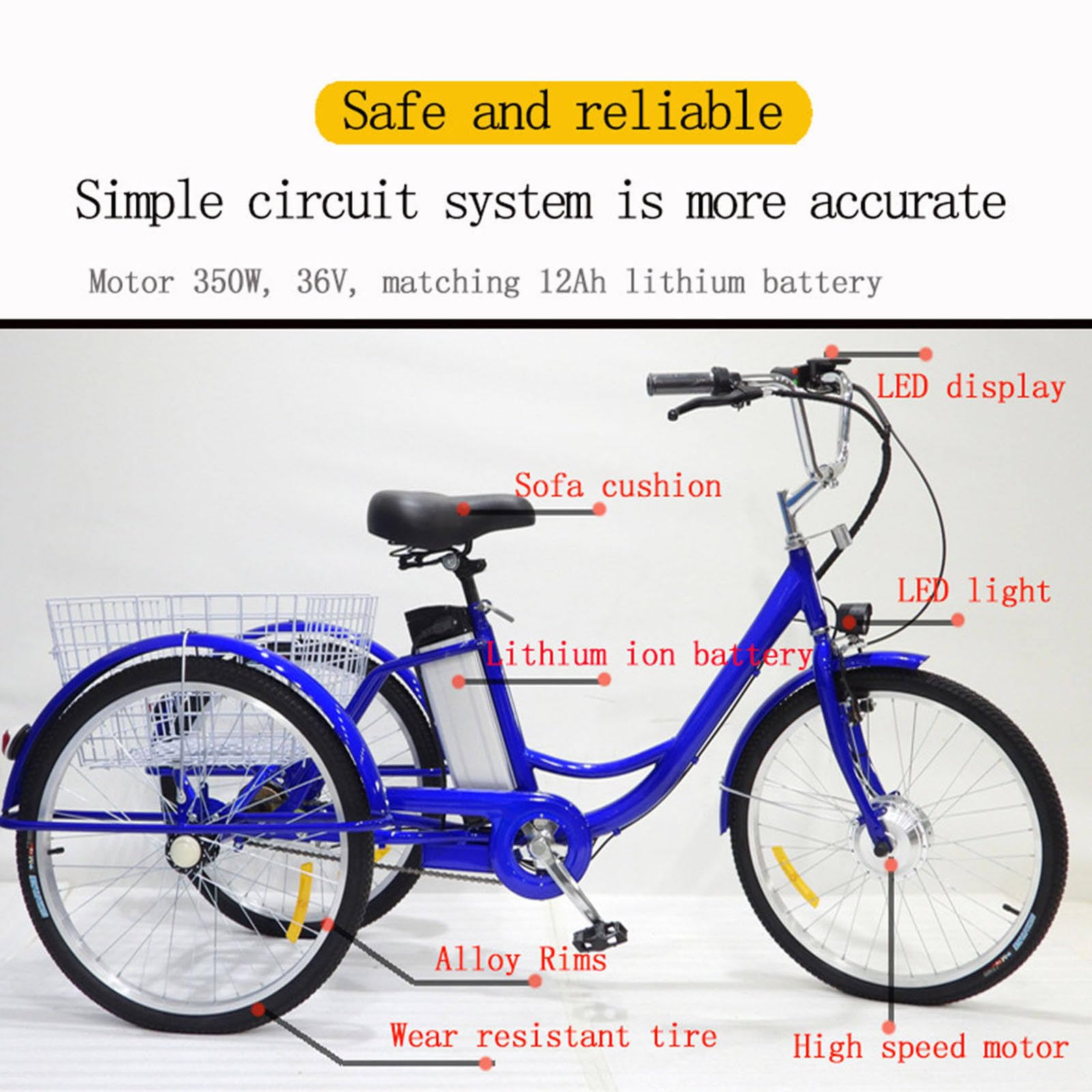 Triciclo elettrico per adulti con motore da 350 W, batteria rimovibile, portata massima di 150 kg, cestino e seggiolino per bambini, ideale per shopping e picnic.