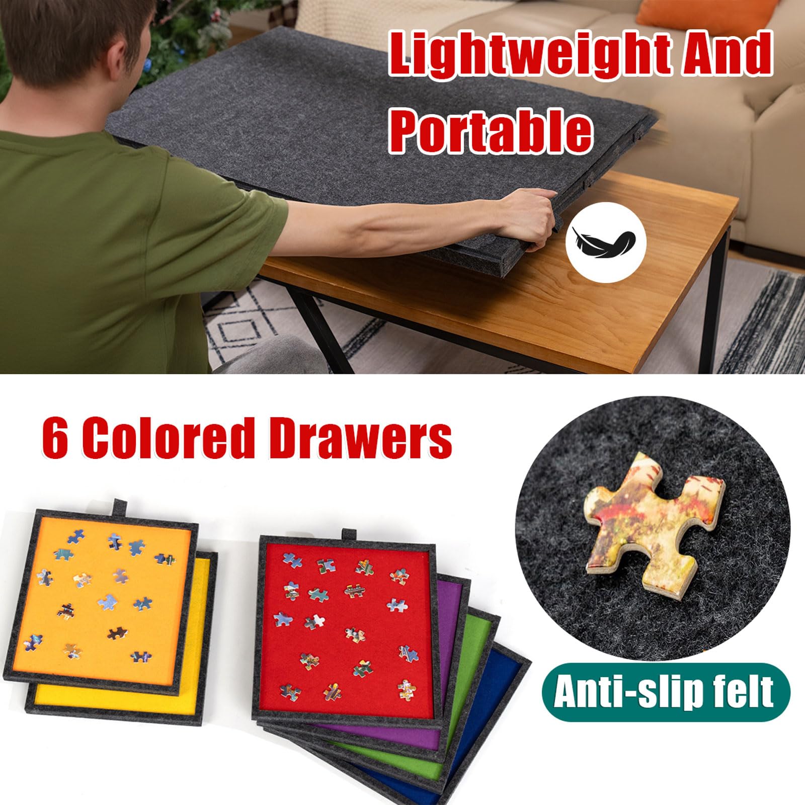 Plateau de Puzzle Inclinable,Table À Puzzle 2-en-1 Pliable avec 6 Tiroirs,Étui de Rangement Léger en Feutre avec 6 Tiroirs,Facile à Ranger,Antidérapante,pour jusqu'à 1000 à 2000 pièces