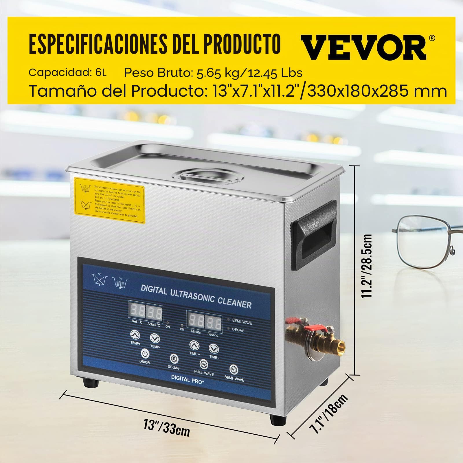 VEVOR Limpiador ultrasónico 6L Limpiador ultrasónico profesional de doble frecuencia 28/40KHZ aparato de limpieza ultrasónico con tanque de acero inoxidable para joyas, gafas, reloj de dientes
