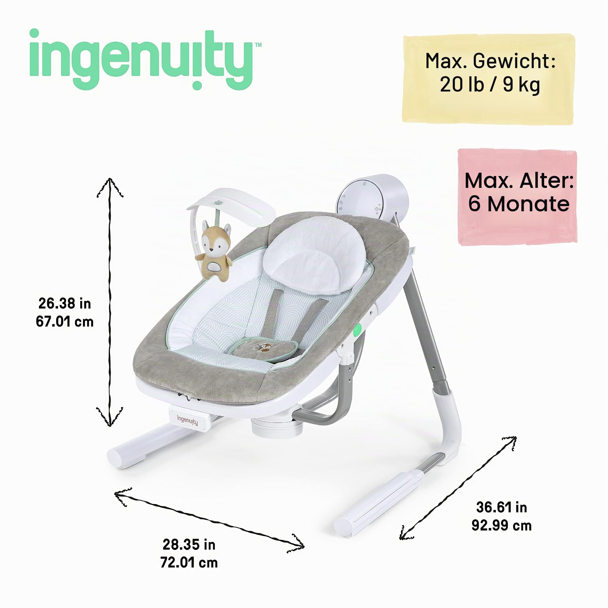 Ingenuity Anyway Sway 5-Gang-Multidirektionale tragbare Babyschaukel mit Vibrationen - Ray, 0-9 Monate