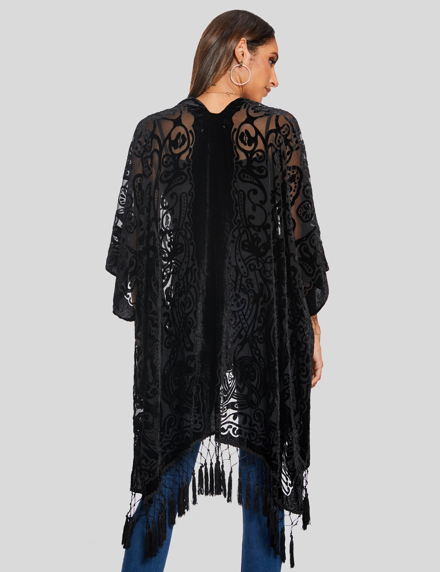 MJ SERECA Langer Kimono-Cardigan aus Burnout-Samt für Damen mit Bommel Schwarz-2