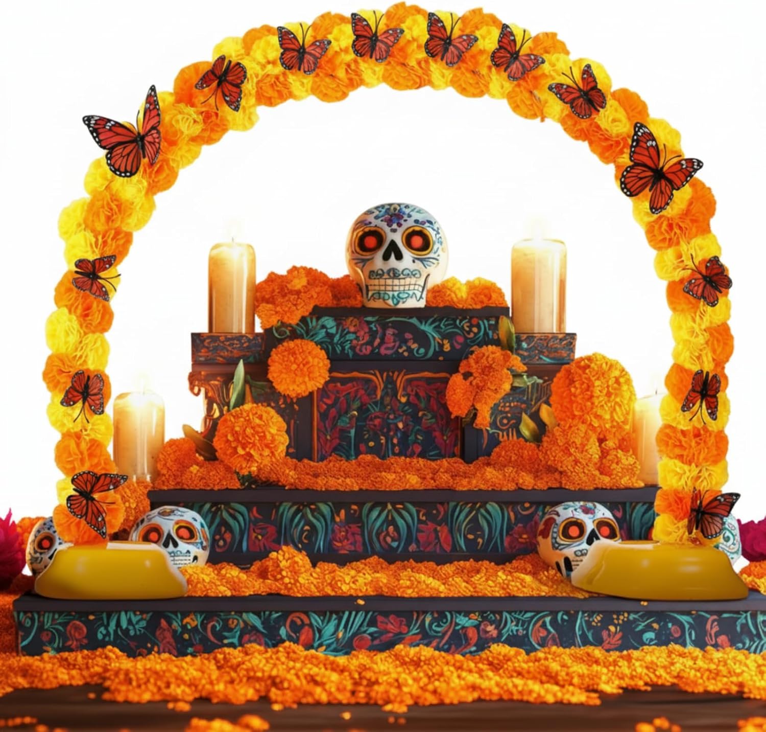 Day of The Dead Marigold Arch Kit Marigold Flowers Heads Bulk Includes 80 Silk Artificial Flowers 40 Inch Table Arch Kit with 12 Pcs 3D Butterfly for Dia De Los Muertos Indian Diwali Altar DIY