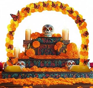 Day of The Dead Marigold Arch Kit Marigold Flowers Heads Bulk Includes 80 Silk Artificial Flowers 40 Inch Table Arch Kit with 12 Pcs 3D Butterfly for Dia De Los Muertos Indian Diwali Altar DIY