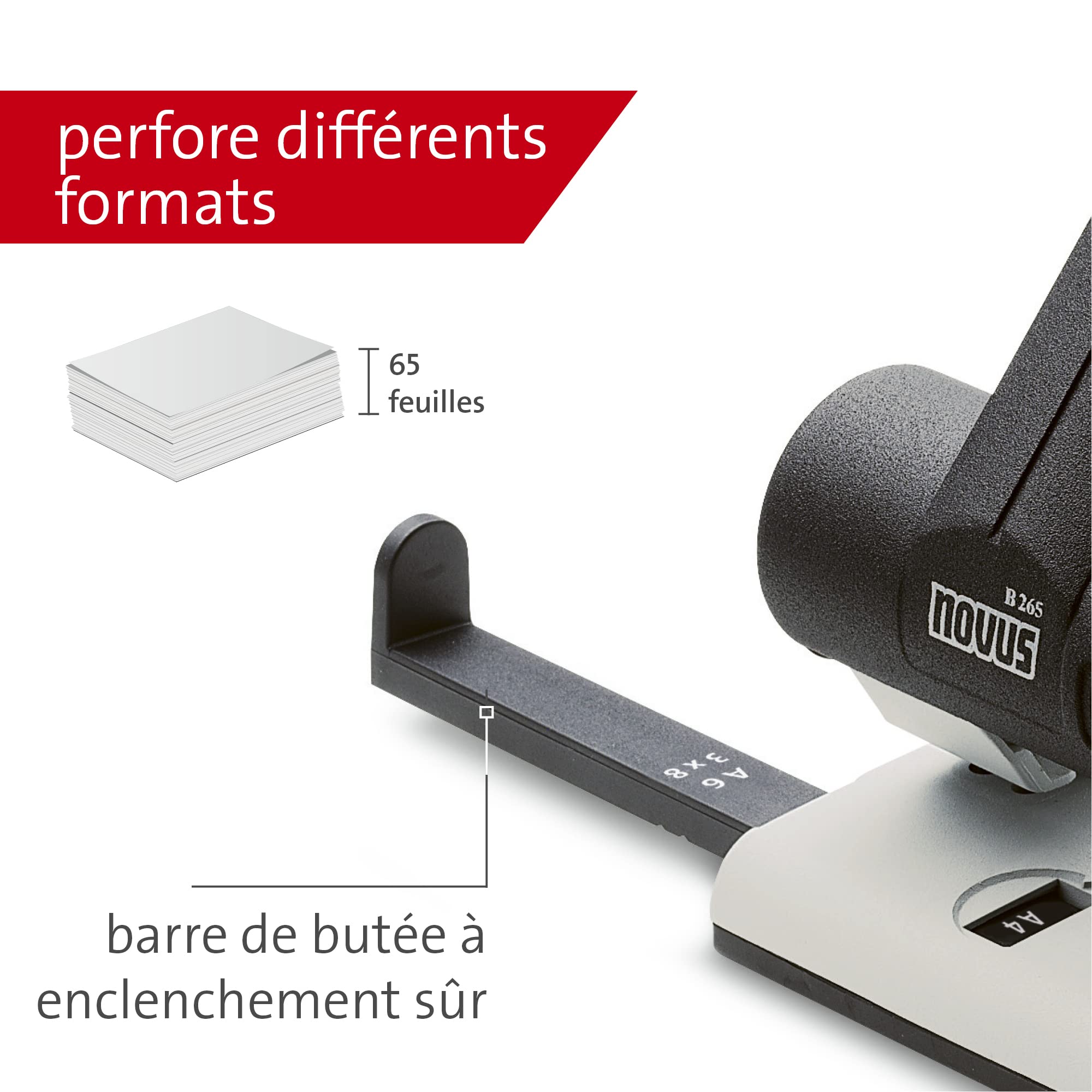 Novus Perforatrice B 265 (perforatrice de registre pour le bureau, métal, capacité de perforation) 65 feuilles, gris clair/noir