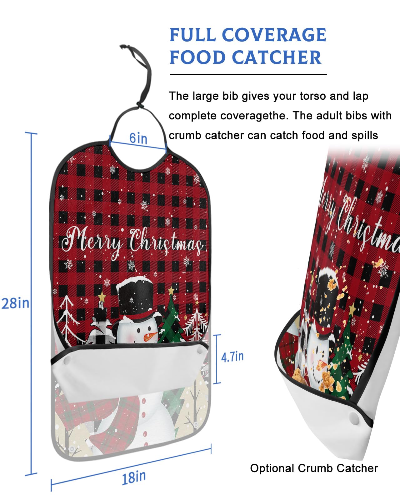 Adult Bibs for Elderly Women - Christmas Waterproof Dining Clothing Protectors with Crumb Catcher for Eating/Feeding, Winter Snowflake Snowman Xmas Tree Red Black Plaid Terry Cloth Bib Washable