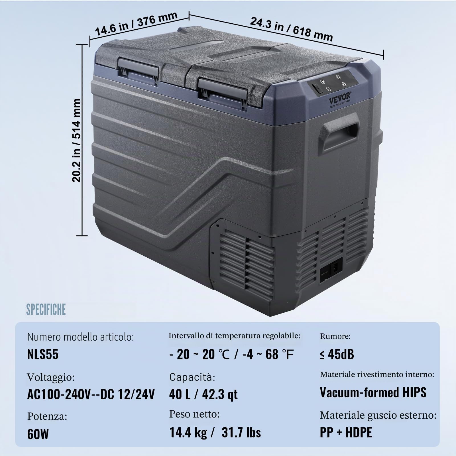 VEVOR Frigorifero per Auto Congelatore Portatile Doppia Zona 40 L 12 Volt -20~20℃ Compressore 12/24V CC 100-240V CA