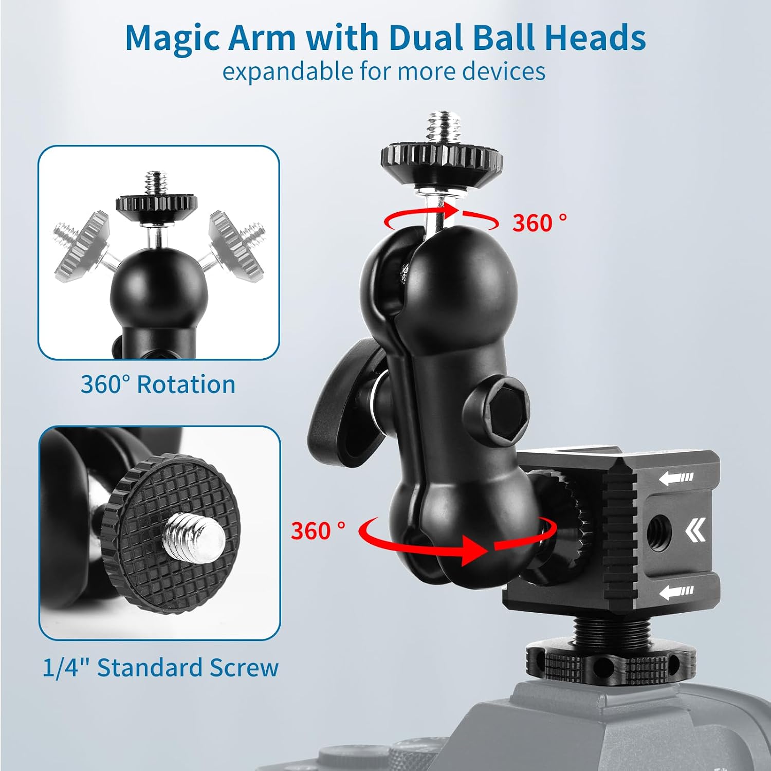 UTEBIT 3 Port Cold Shoe Mount with 1/4"-20 Thread, Black | Cold Shoe Extension Bracket with 3.8" Magic Arm Dual 1/4 Screw Head Adapter for Camera Cage Flash LED Monitor Microphone