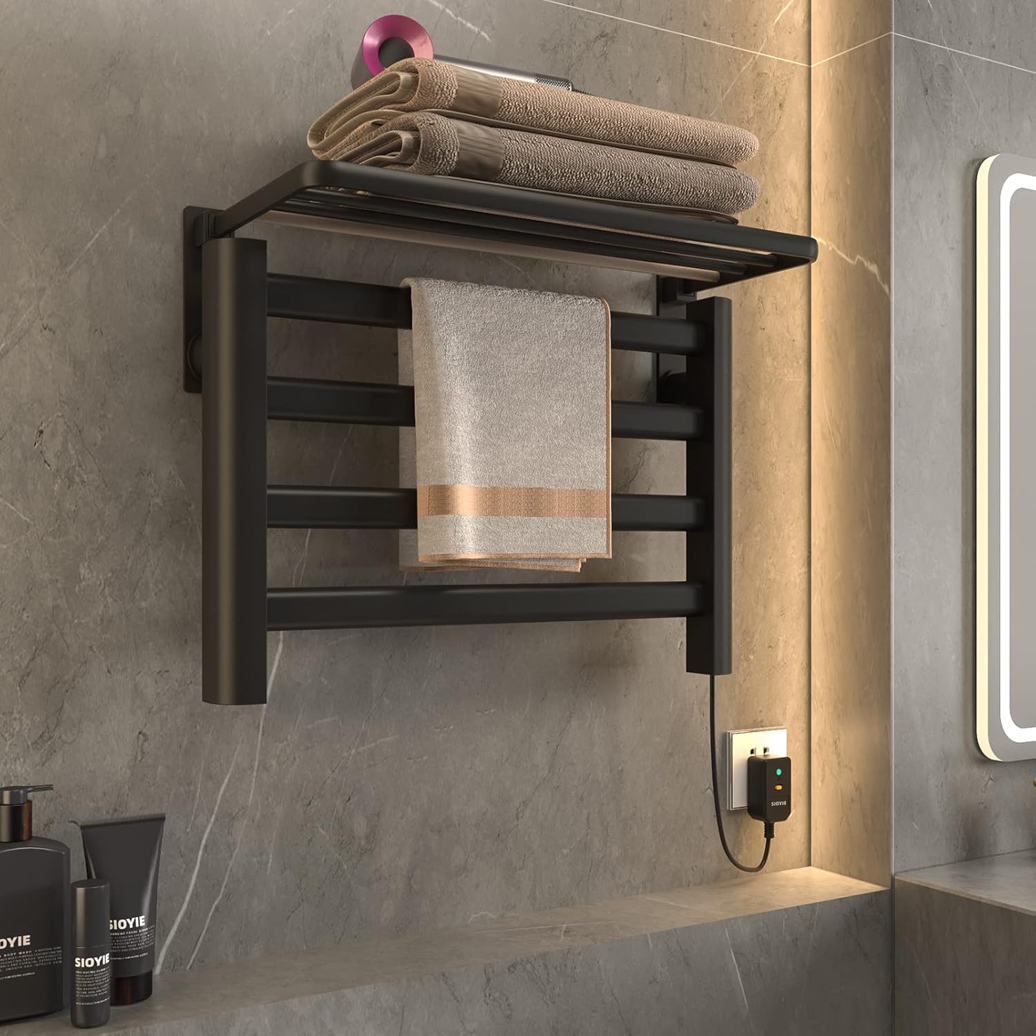 Smart Heated Towel Rack 95W Wall-Mounted Radiator Adjustable Temperature 30-70°C Timer 1-9 Hours Modern Black Design for Ultimate Comfort and Convenience