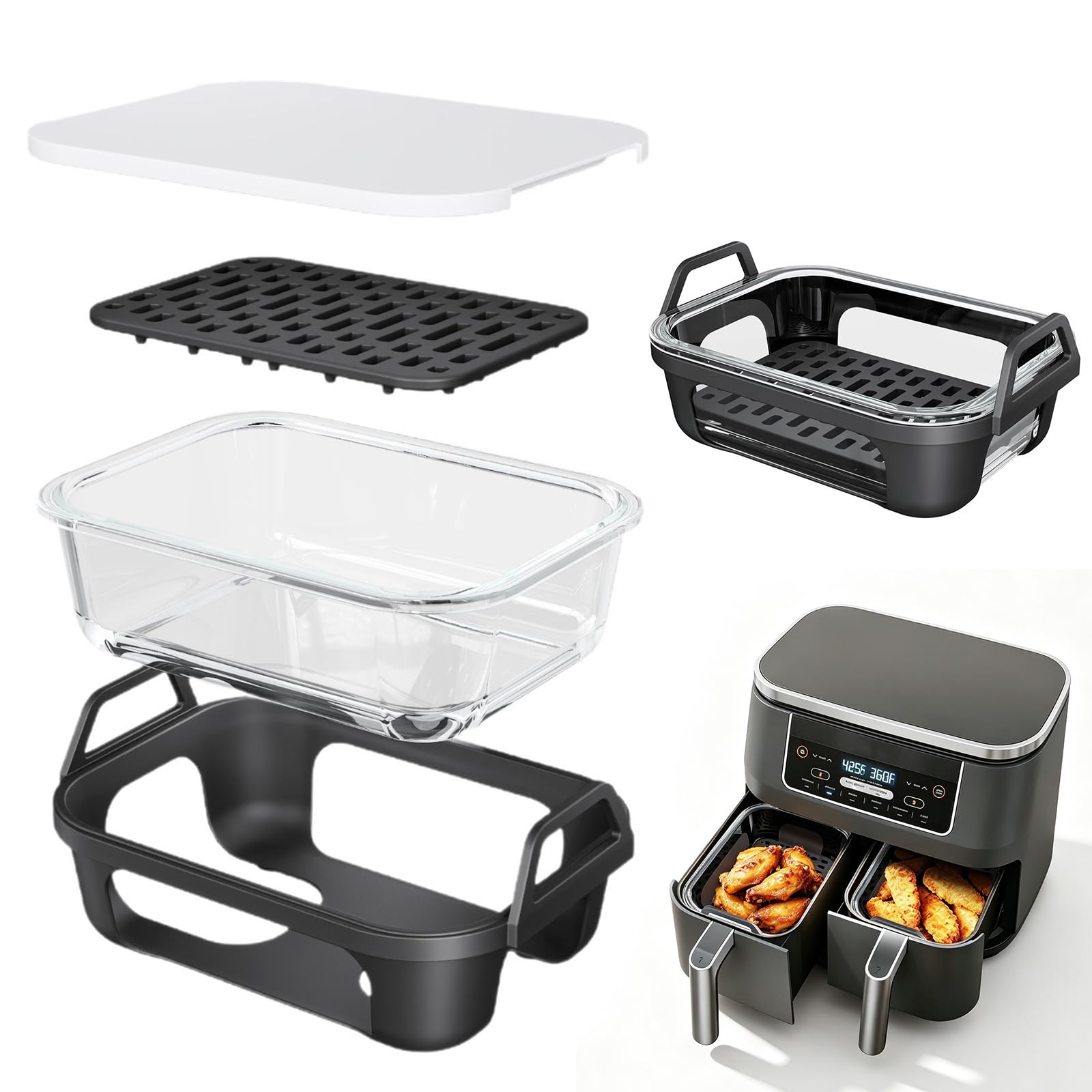 Fuente de cristal para freidora de aire caliente apta para Ninja AF400EU AF500EU DZ400EU SL400EU, accesorio para airfryer con tapa, marco de silicona, inserto de silicona sin BPA, protección contra