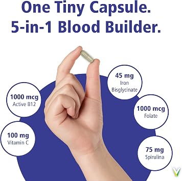 Vitality Power Iron + Spirulina | 45mg Iron | Blood Builder | Iron Deficiency Support | Vegan | All Natural Supplement | Gentle on Stomach | 30 Capsules