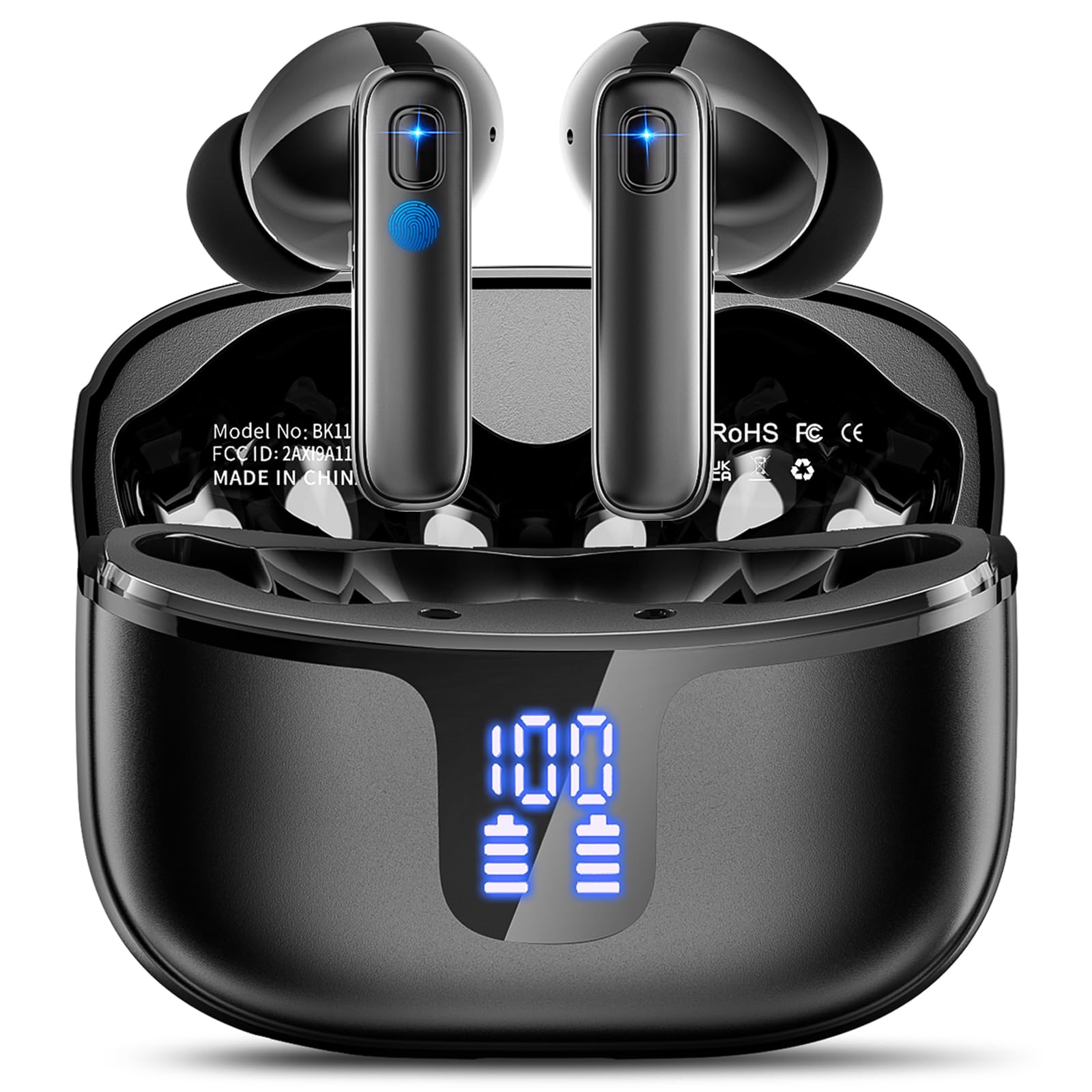 Cuffie Bluetooth 5.3 Stereo HiFi con 4 ENC Mic Cancellazione Rumore, Auricolari Wireless 40H LED Display, In Ear IP7 Impermeabili, USB-C Sport Nero