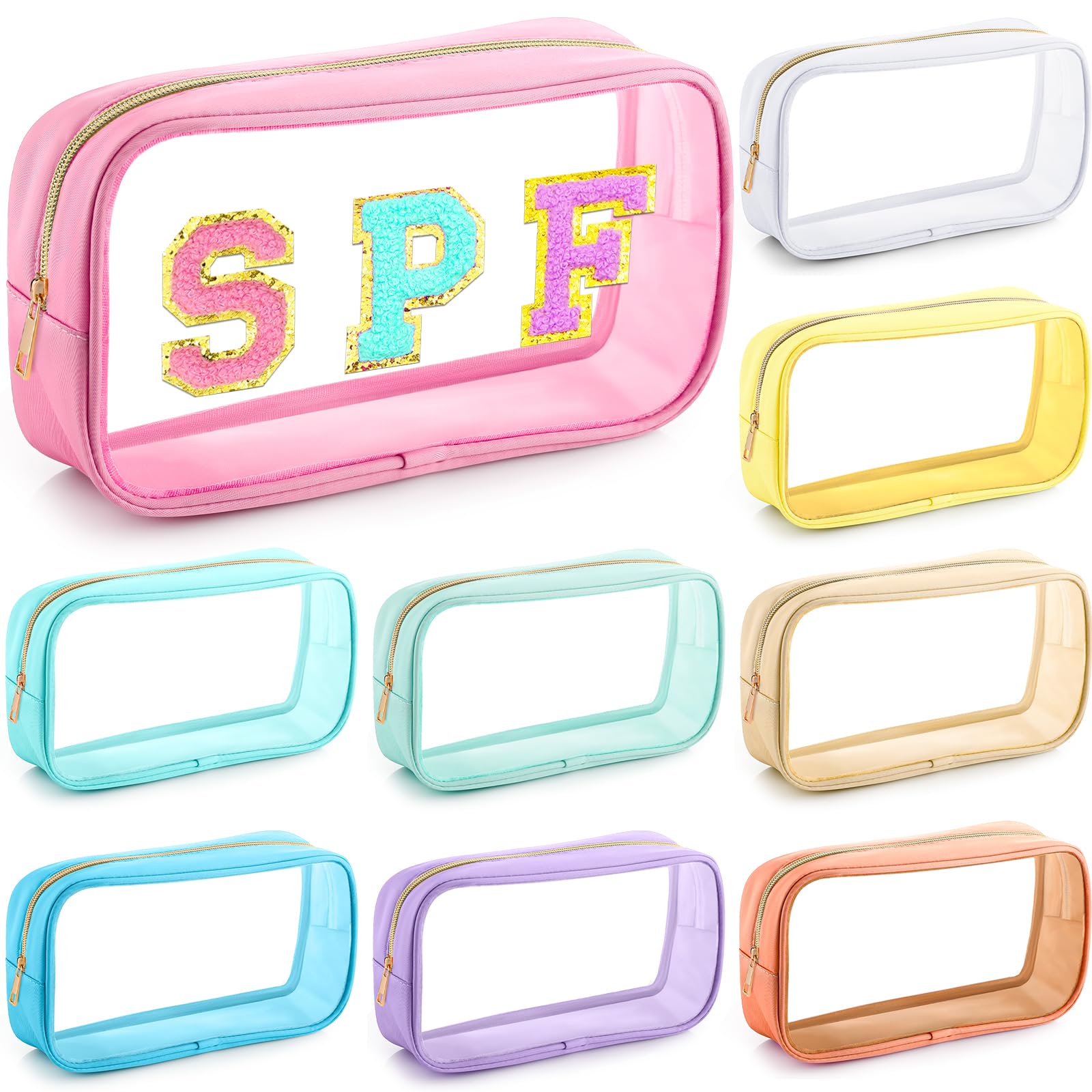 Cunno 9 Pcs Preppy Clear Makeup Bag DIY Chenille Letter Pouch Large Nylon Makeup Bag Travel Toiletry Zipper