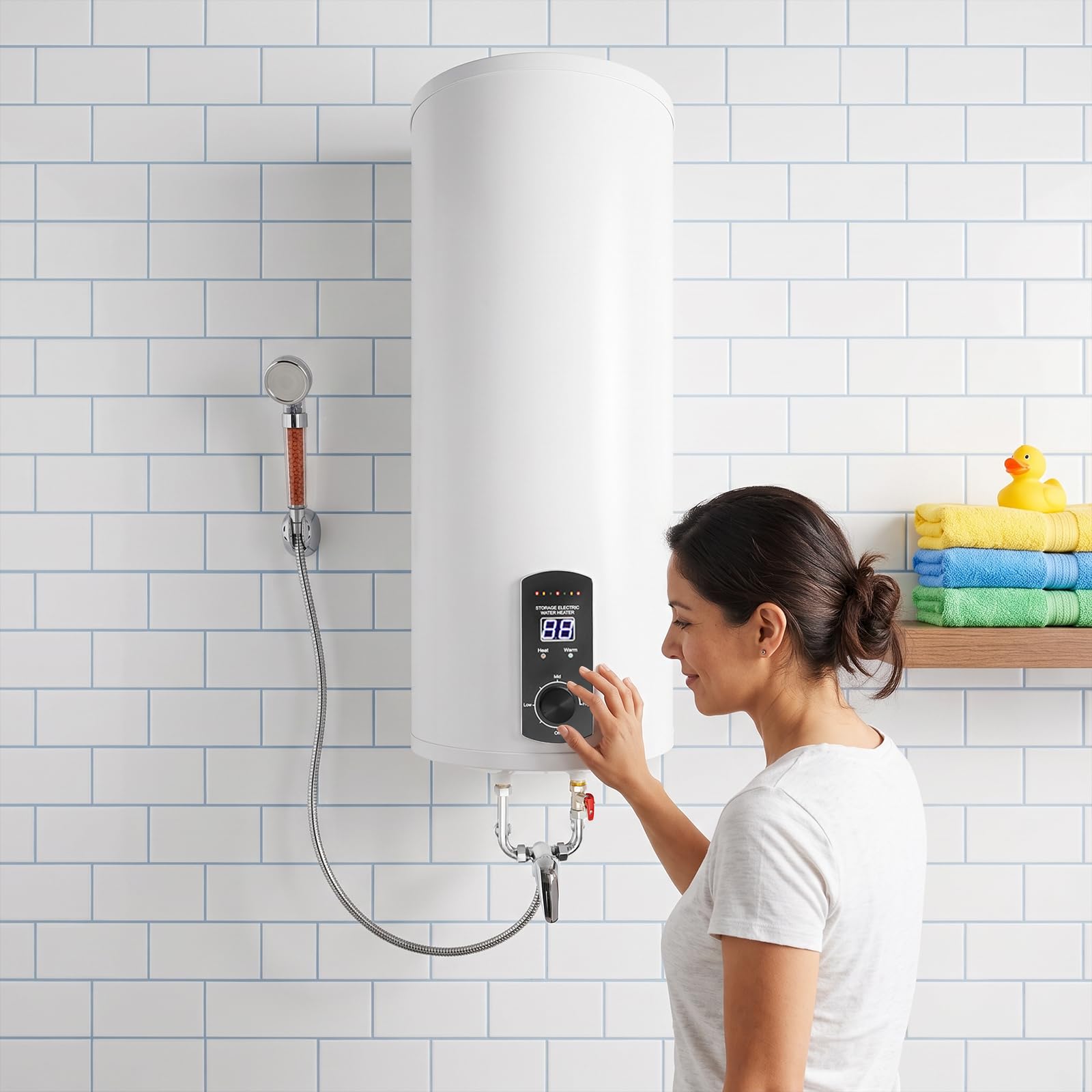 Scaldabagno elettrico da 60 l, con schermo LED, doccetta da 2 kW | Scaldabagno con protezione dell'acqua IPX4, processo di combustione smaltato, 25-75 °C, per cucina, bagno, WC, 34 x 81 cm
