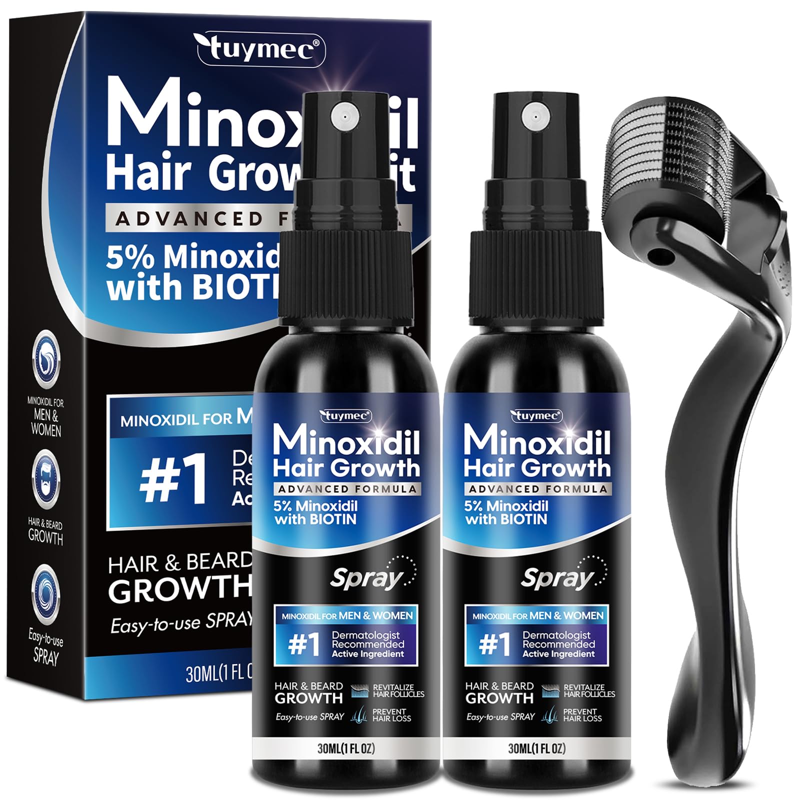 5% Minoxidil for Men Beard Growth Kit, Minoxidil for Women Hair Growth Spray, Hair Loss Treatment and Hair Growth Treatment for Men and Women 2PCS.