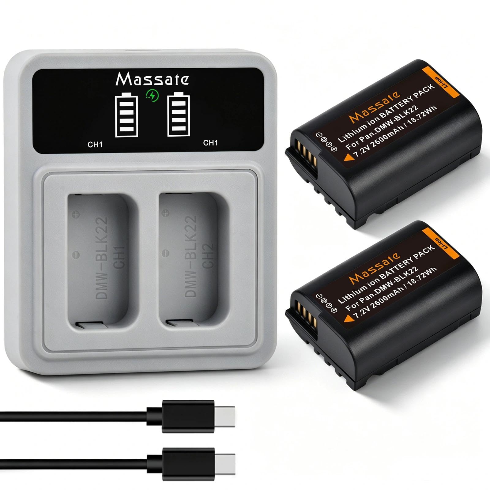 Lot de 2 batteries DMW-BLK22 2600 mAh + chargeur rapide LED PD20W - Charge complète en 2,5 heures - Batterie pour appareils photo Panasonic Lumix GH5, GH5 II, GH6, GH7, S5, S5 II, S5 IIX, S9