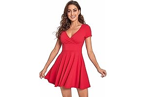 Women's Surplice Neck Short Sleeve Mini Wrap A Line Fit and Flare Dress