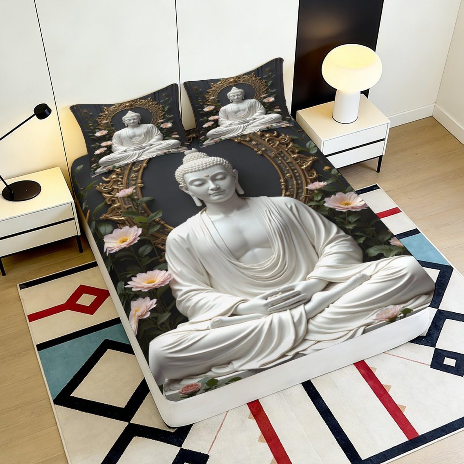 Lenzuolo con angoli elasticizzati con stampa 3D Buddha, in microfibra, antiscivolo, per la casa