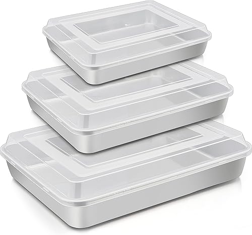 TeamFar Molde para lasaña (3 sartenes y 3 tapas), 12 & 10 pulgadas y 9 pulgadas de diámetro, molde rectangular de acero inoxidable para hornear