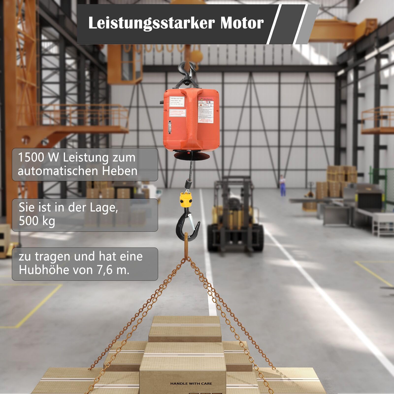 Elektrische Seilwinde 500KG 1500W 220V mit Drahtloser Fernbedienung 7.6m Hubhöhe 5M/min