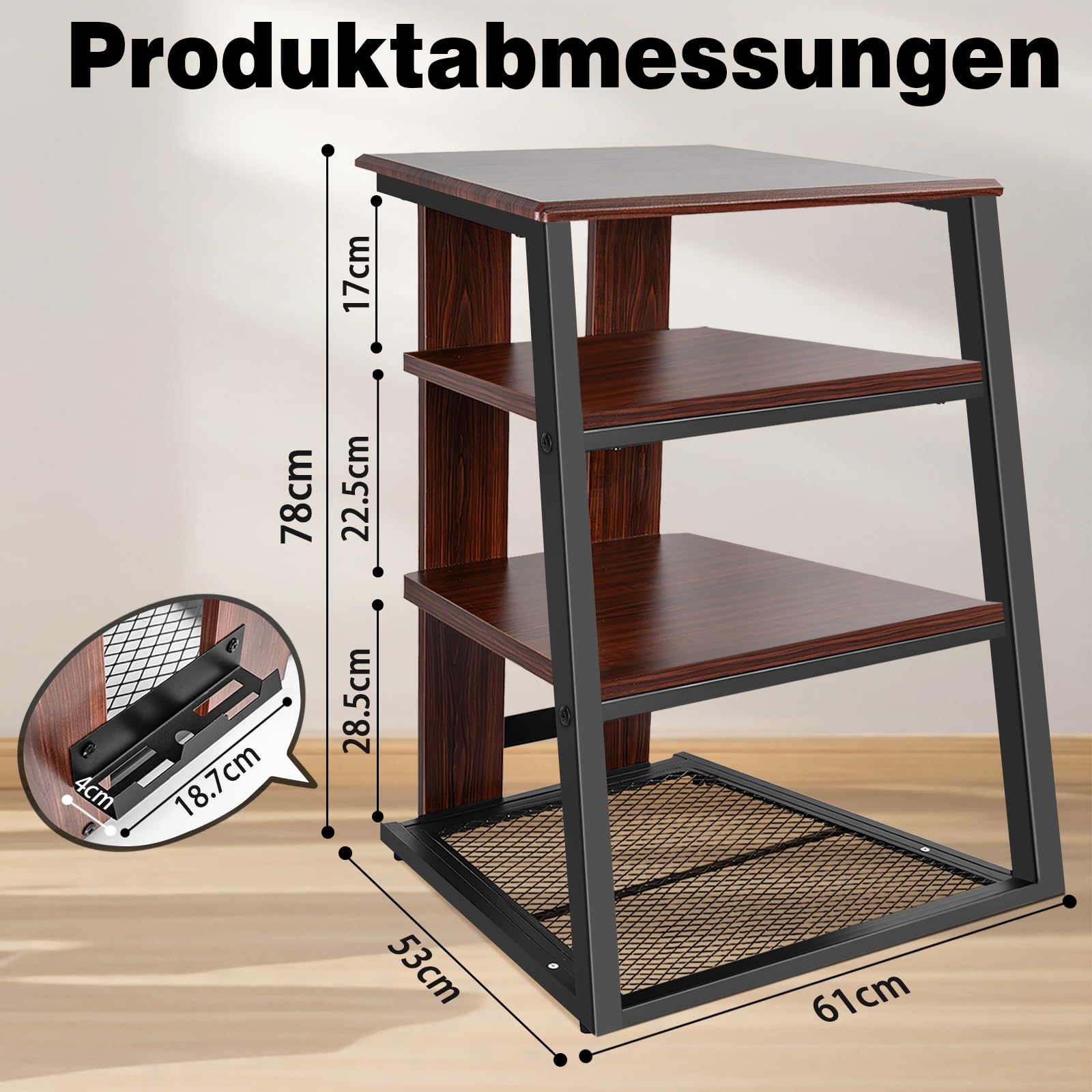 OUUTMEE 4 warstwy AV Rack HiFi szafka gramofon, żelazne rusztowanie + płyty drewniane w antycznym kolorze, stojak 61 x 53,5 x 78,5 cm, nadaje się do salonu i gabinetu