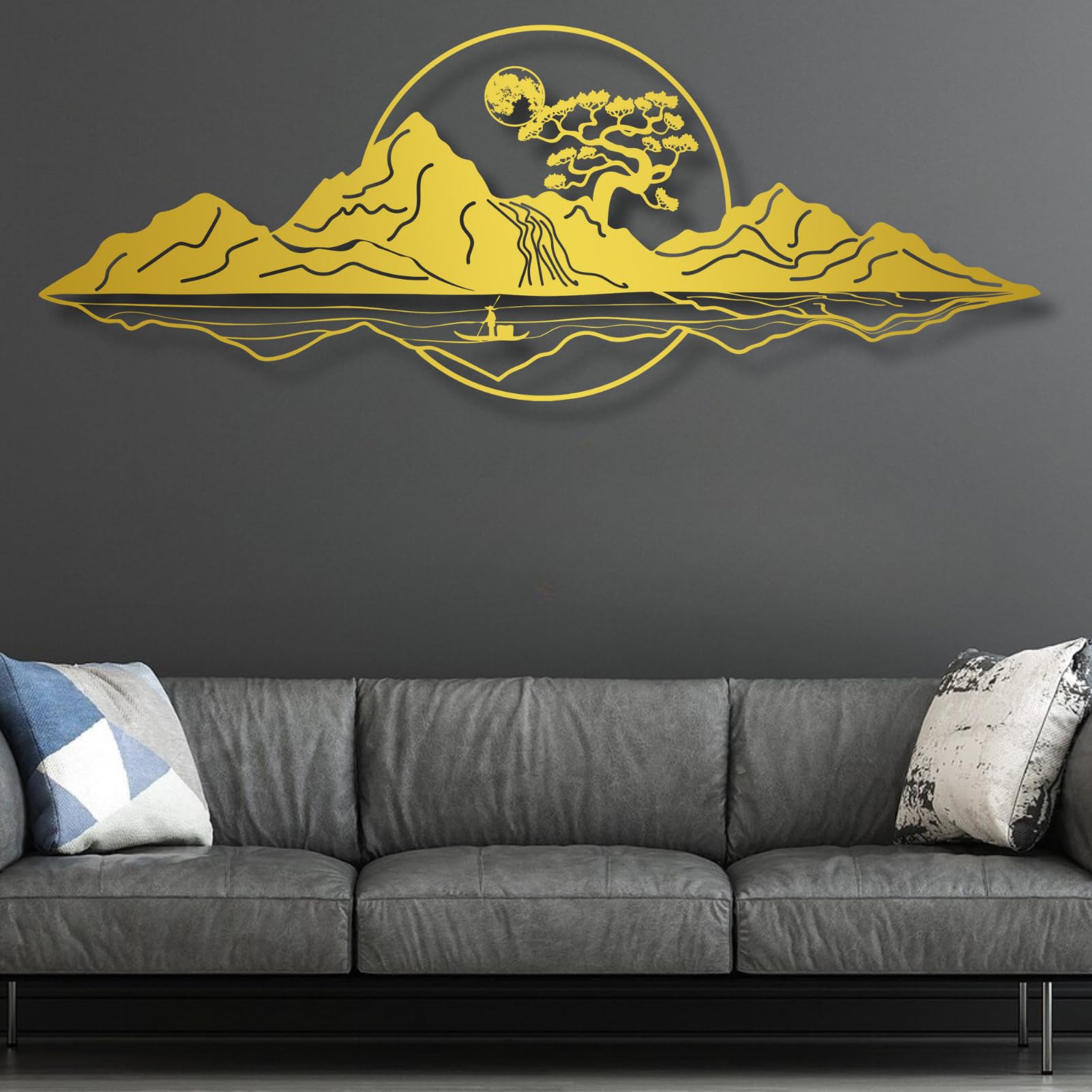 Décoration murale nature en métal épais premium : œuvre d'art abstrait montagne et navire