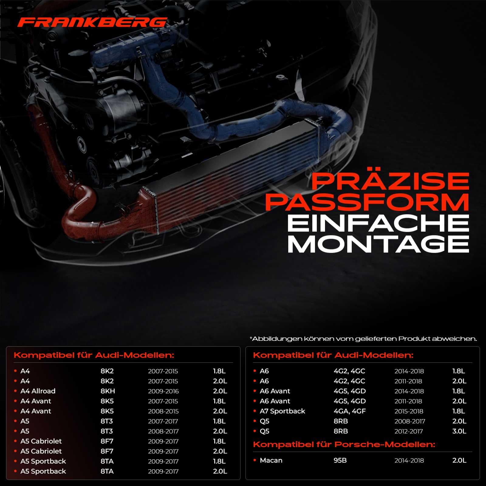 Frankberg 1 x turbo chłodnica powietrza do ładowania, kompatybilna z A4 2007-2016 A5 2008-2017 A6 2011-2019 A7 2015-2018 Q5 2008-2017 m.a.n. 2014-2018