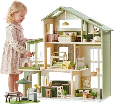 Tiny Land Wooden Doll House, Modern Family Dollhouse with Realistic Design, 7 Rooms Dollhouse with 49 PCS Accessories, Montessori Pretend Play Toddler Toy, Ideal Gift for Kids Ages 3+, Green