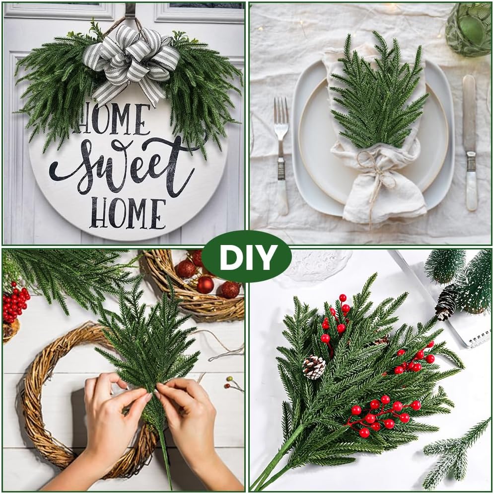 JOICEE 16 Pcs Real Touch Norfolk Pine Branches, 18" Christmas Artificial Green Plants Branch Faux Cedar Stem Fake Greenery Pine Picks for Vase DIY Crafts Garland Wreath Christmas Indoor Outdoor Decor - Image 5