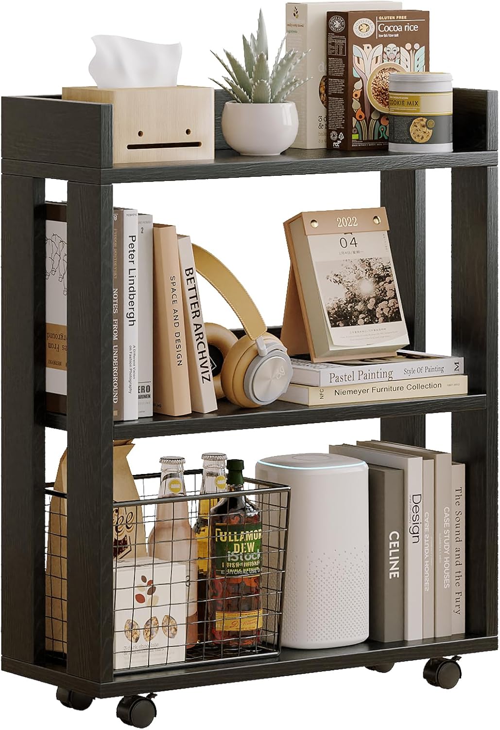 ALISENED 3-Tier Small Bookshelf with Wheels, Bedside Cart Library Cart, Rolling Bookcase for Small Space, Movable Standing Storage Shelves for Living Room/Bedroom/Office, Black