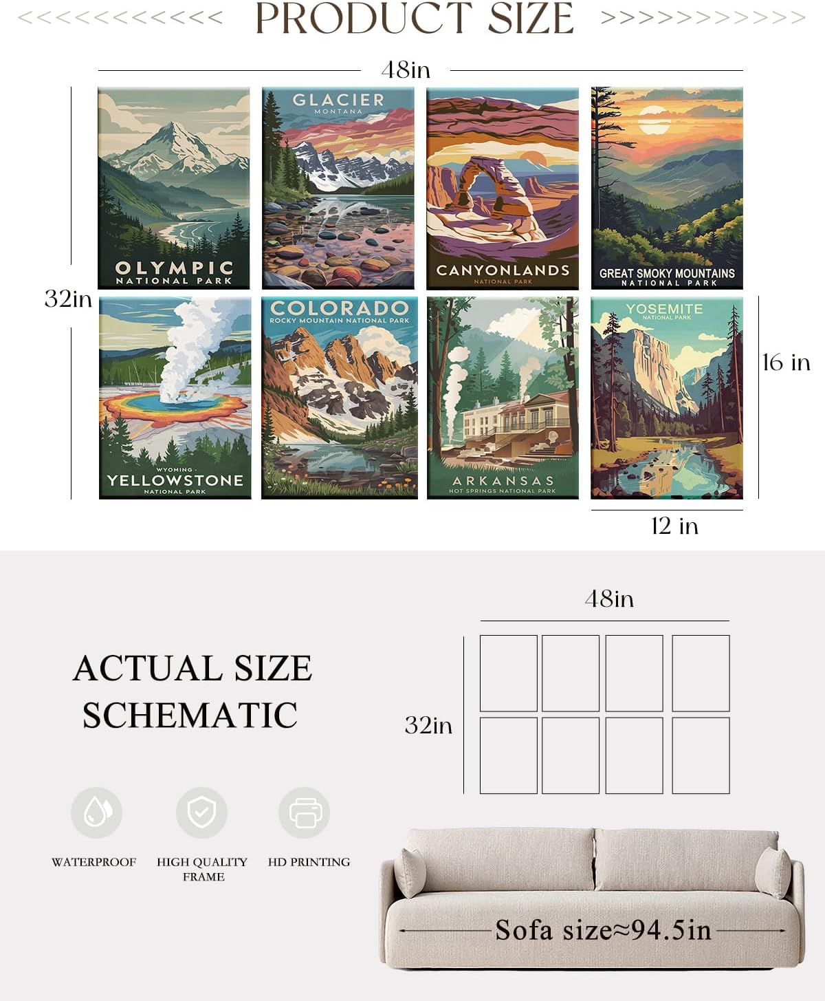 ARPEOTCY Acoustic Art Wall Panels for Bedroom, Recording Office, Podcast, Laundry, 48x32in, American National Parks Art Set,Vintage Travel Poster Style, Soundproof Sound Absorbing, 8pcs