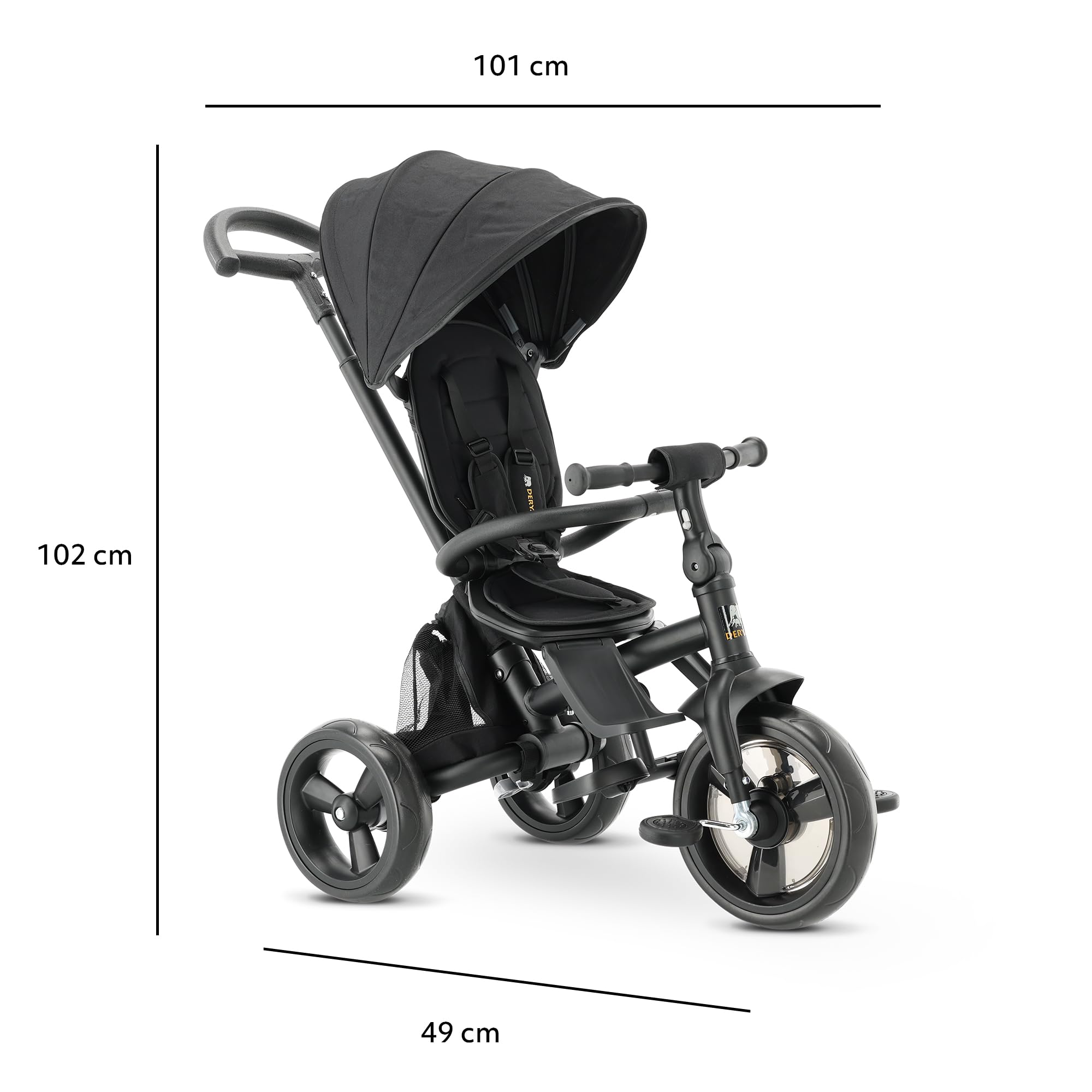 Deryan Explorer Triciclo da 9 Mesi fino a 25 kg – Triciclo per Bambini con Maniglione di Spinta – Sedile Girevole – Tettuccio Estensibile con Protezione Solare – Nero
