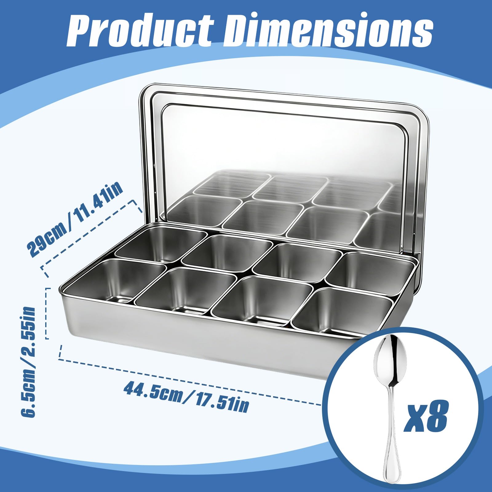 Scatola per Spezie con 8 Griglie, Scatola di Condimento per Pizza in Acciaio Inox Estraibili con Coperchio e Cucchiai, Portacondimenti per la Cucina di Casa, per Conservare Pepe, Sale e Zucchero