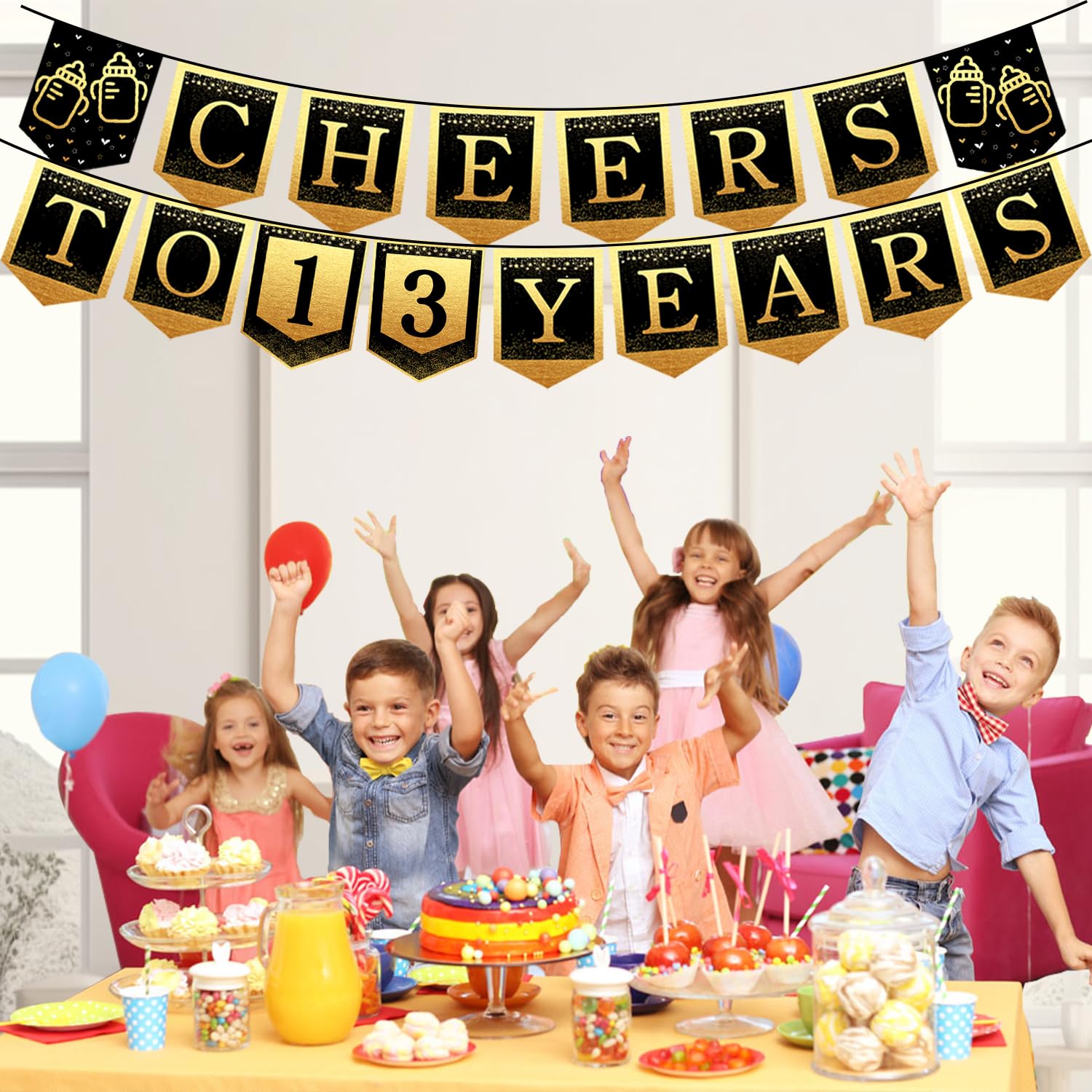 13 Years Loved Banner – Gold Glitzer Wimpelkette Für 13. Geburtstag, Vormontiert, 1,2 M Breit, 3 M Schnur