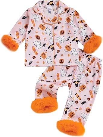 Kayotuas Halloween Pajamas Set Toddler Girl Pumpkin Pjs Feather Cuffs Button Down Shirt Pants Sleepwear Cute 2Pcs Loungewear