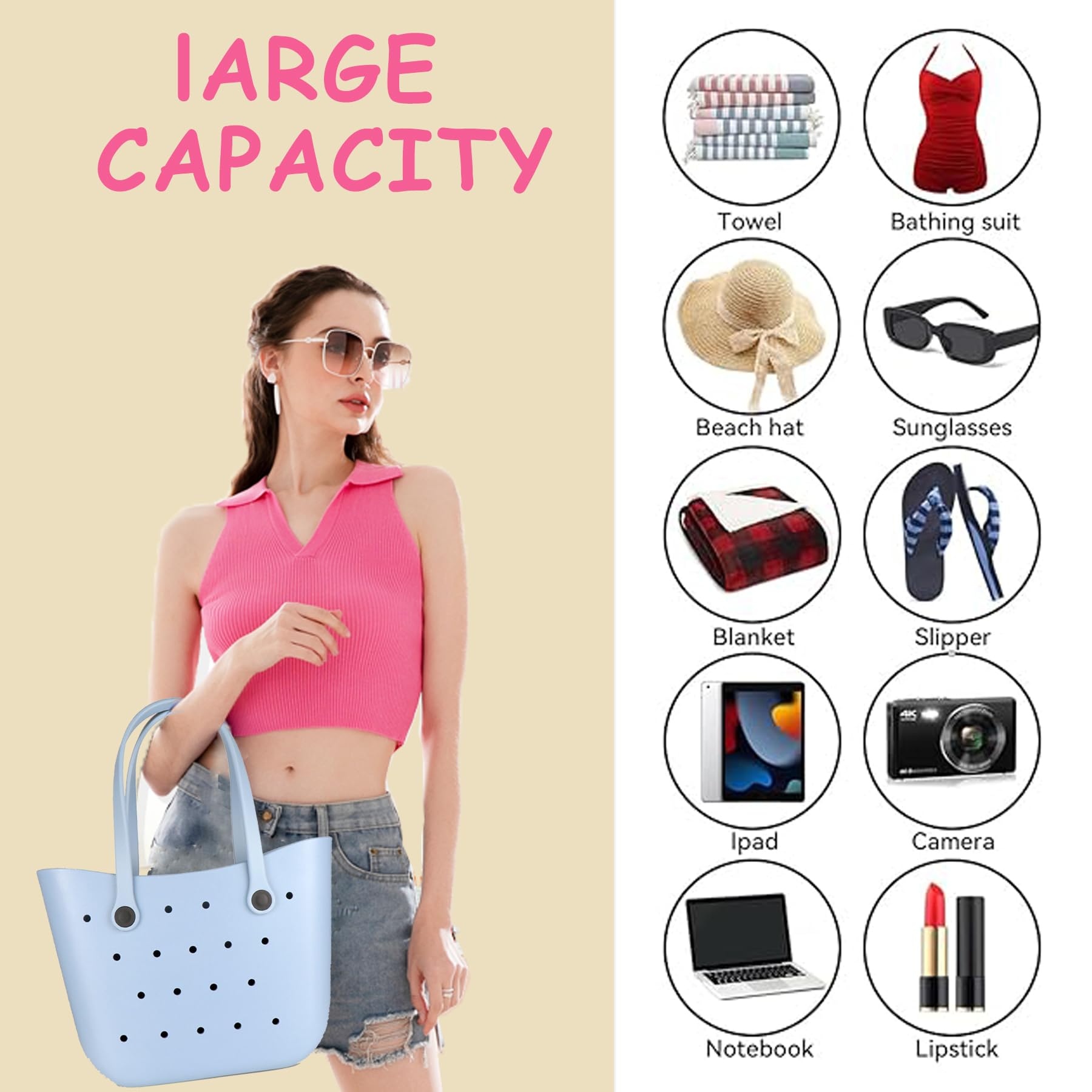 Gummi-Strandtasche, wasserdicht, groß, Reise-Strandtasche, waschbar, kippsicher, langlebig, Schwimmbad, Damen-Handtasche