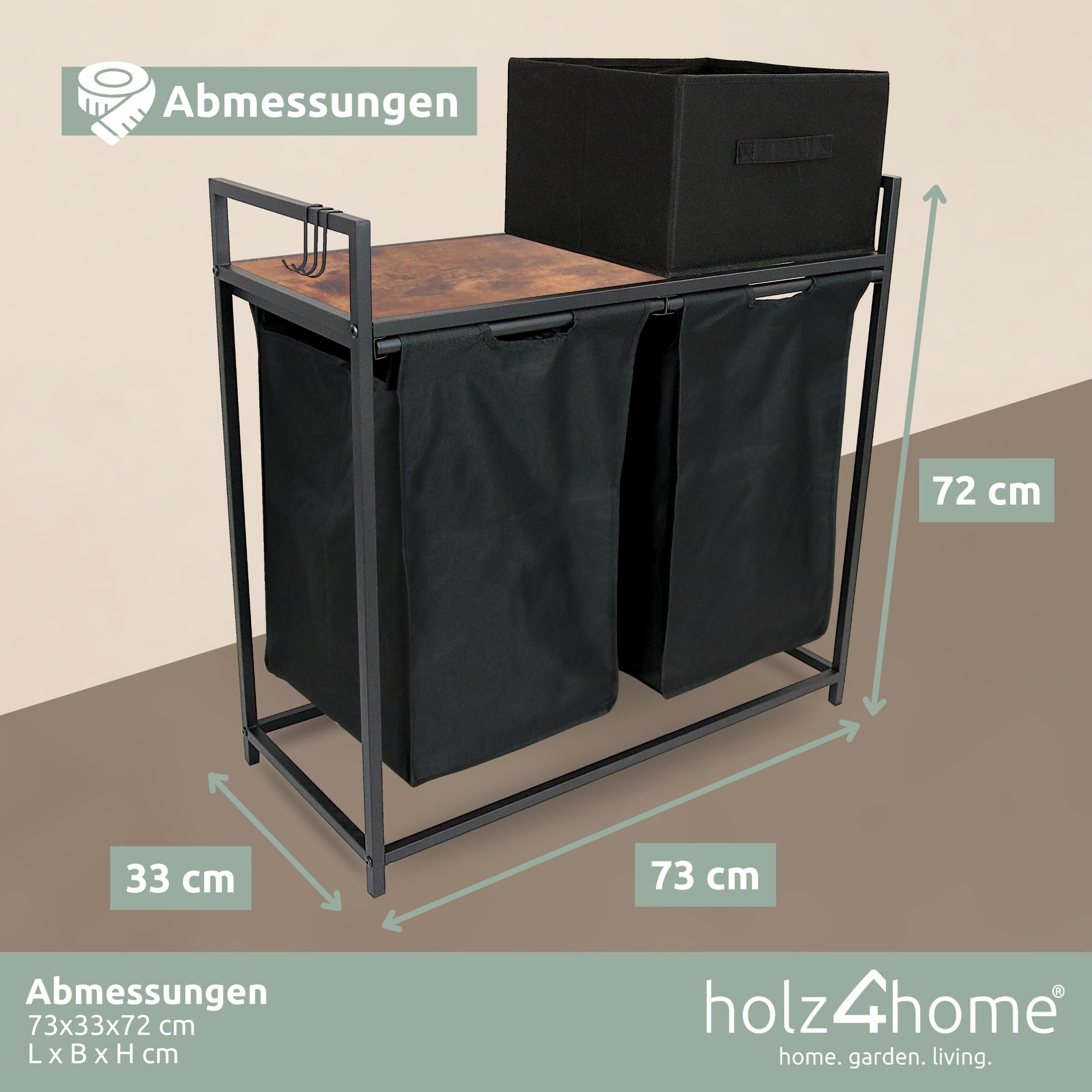 holz4home® Wäschekorb 2 Fächer Vintage I Mit Ablage & Wäschebox ausziehbar I Wäschebox Badezimmer I Wäschesack aus Oxford-Gewebe 92 L