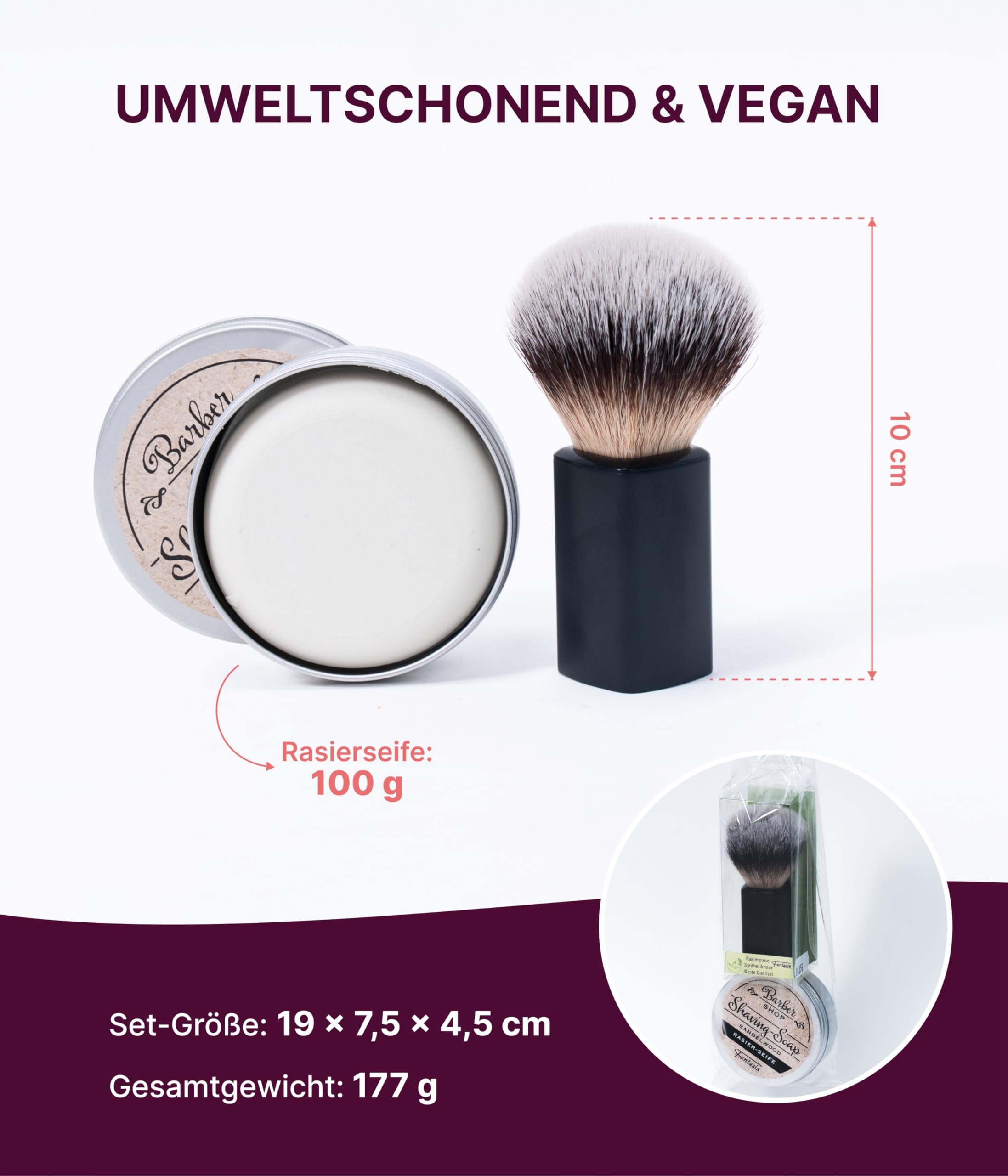 Fantasia® Beauty Rasier-Set schwarz mit Rasierseife in Aludose (Sandelholzduft, 100g) - Veganer Rasierpinsel mit Synthetikhaar, optimal für Bartpflege - Geschenk für Herren, inklusive Rasier