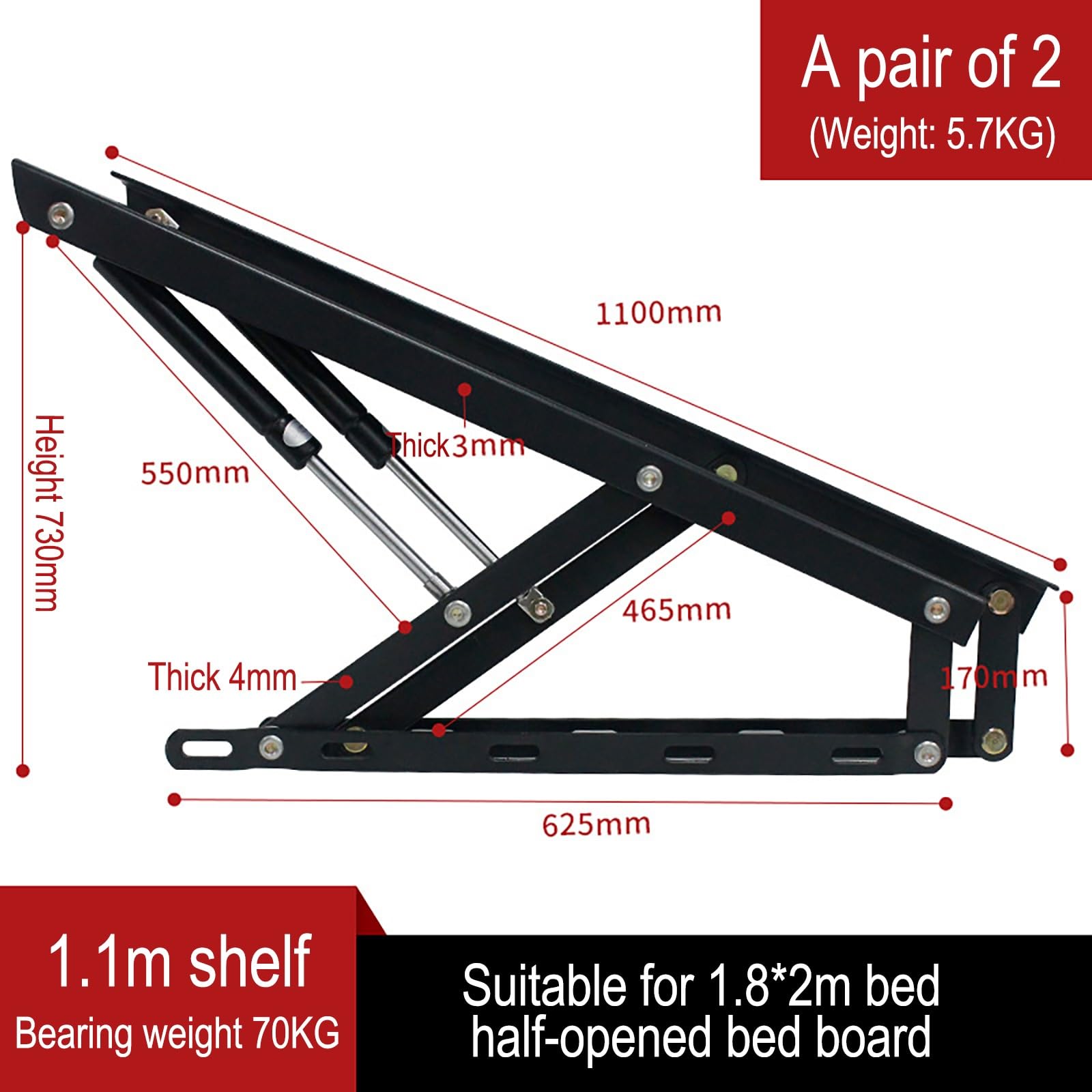 Elevador hidráulico de la cama1 par de mecanismos de elevación de la cama plegable, mecanismo de elevación neumática de la cama para cajas de cama pesadas, amortiguador para CER