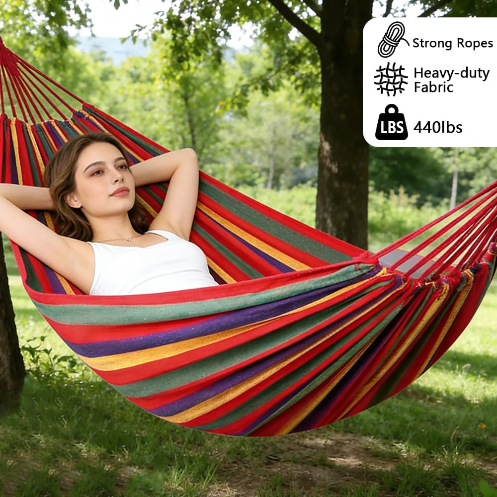 Cotton Canvas Hammock, Comfortable Fabric Camping Hammock with Tree Straps, Up to 440lbs with Travel Bag for Camping Outdoor/Indoor Patio Backyard(Rainbow, Without bar)
