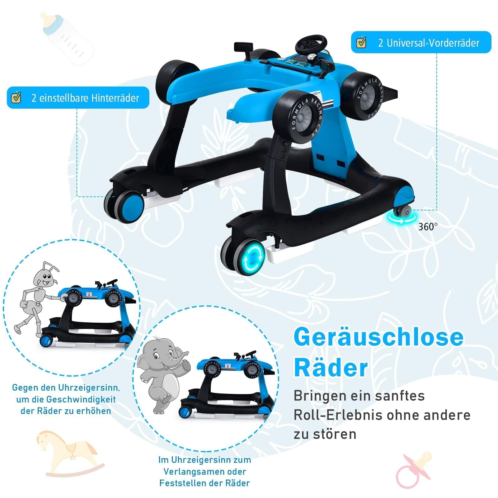 COSTWAY 4 in 1 Lauflernhilfe, Lauflernwagen klappbar mit einstellbarer Höhe & Geschwindigkeit, Baby Walker Autoförmig mit Musikbox, Licht & Rädern, Gehfrei Baby ab 6 Monaten, 12kg Belastbar (Blau)