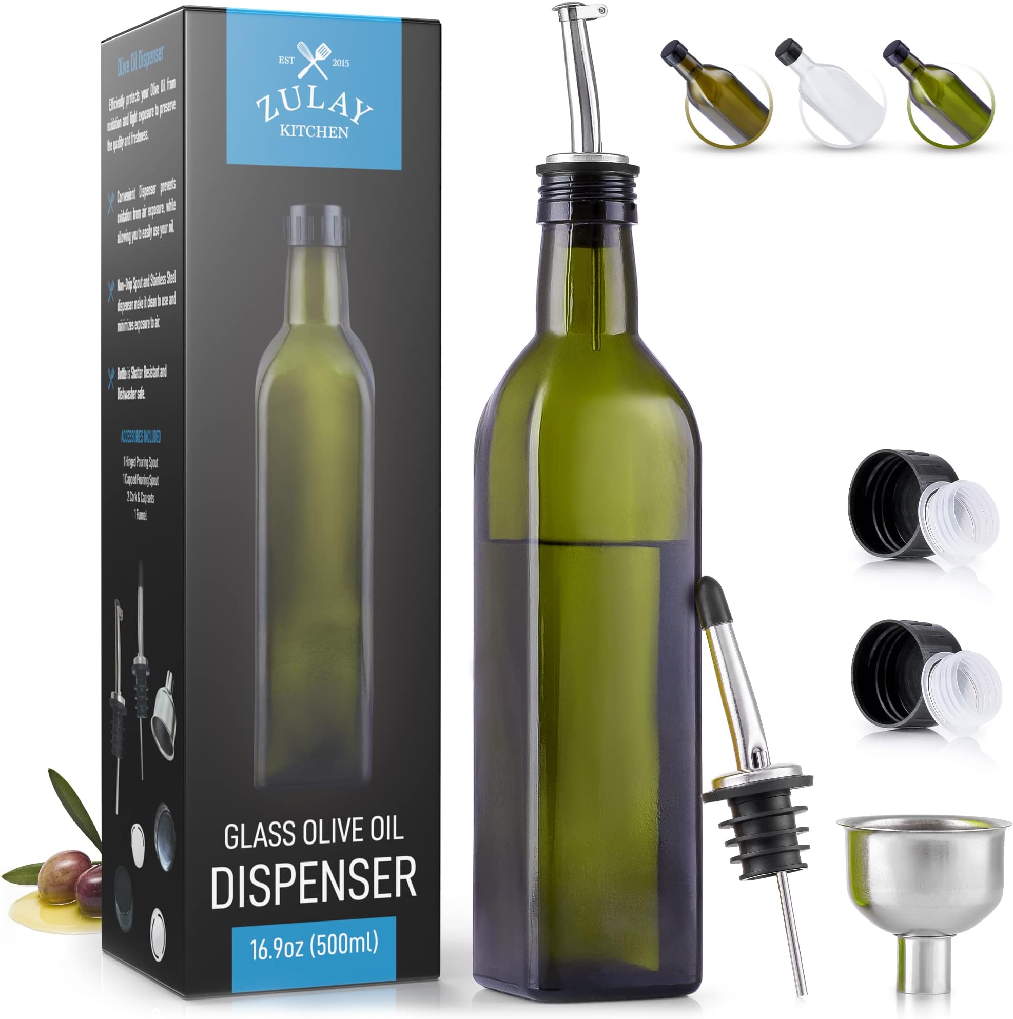 Zulay Easy to Use Olive Oil Dispenser Bottle For Kitchen - Glass Olive Oil Bottle Dispenser, Olive Oil Decanter with Spout, 17oz Olive Oil Drizzler Bottle with Pourers and Funnel, Olive Oil Holder